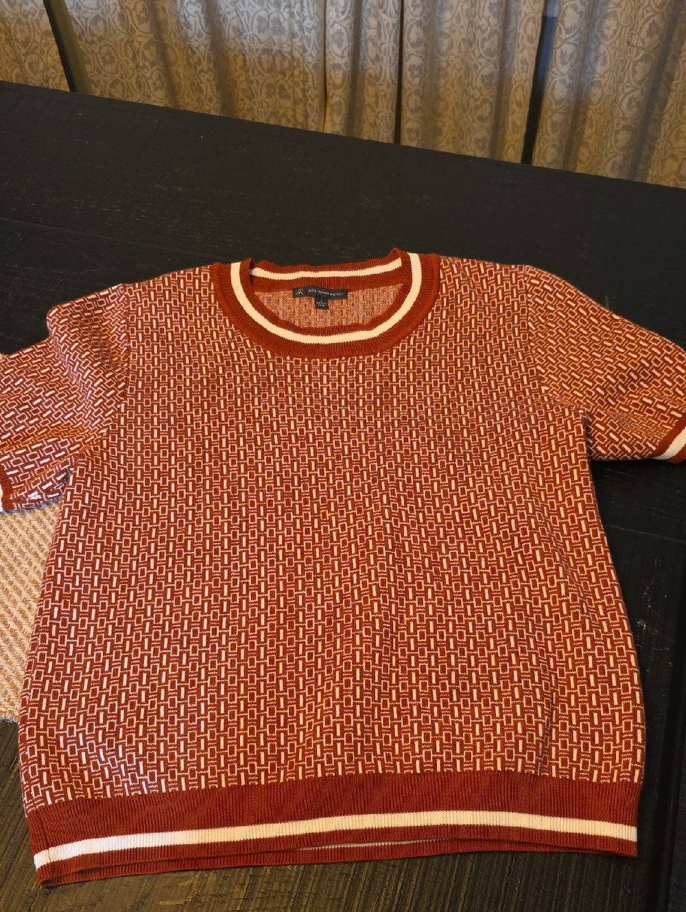 Adrianna Papell Rust and White Geometric Crewneck Sweater